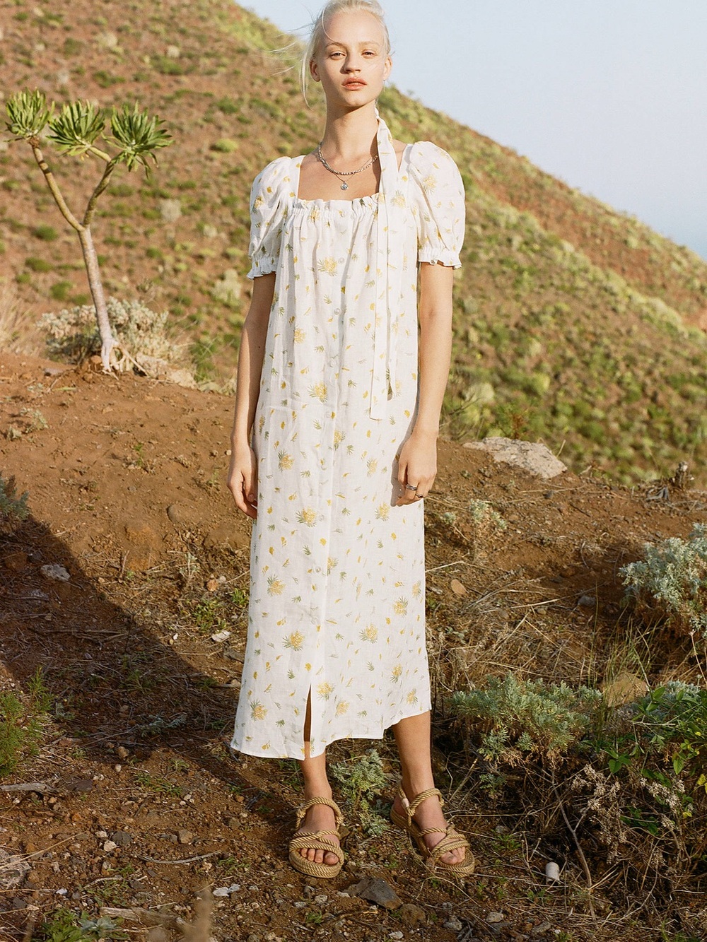 Sleeper Brigitte Linen Midi Dress| Sz M| White Yellow Floral Mimosa| Puff Sleeve